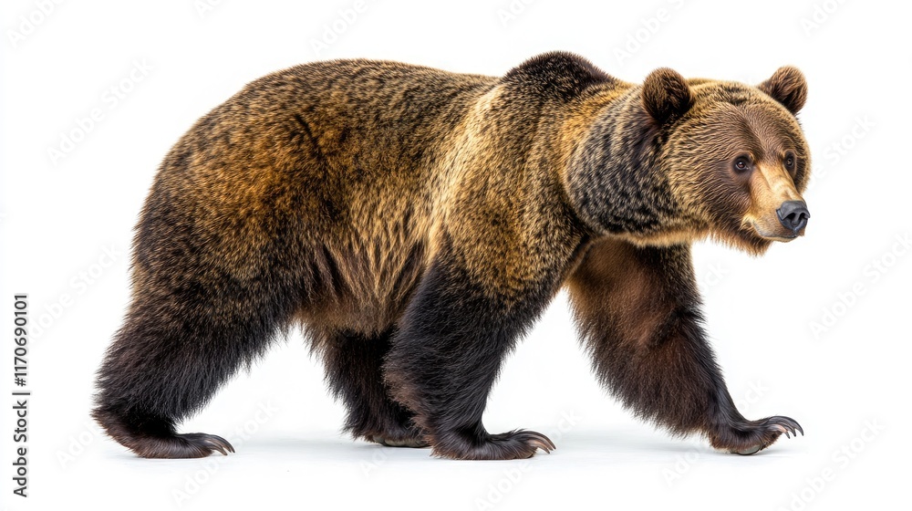 Fototapeta premium A realistic depiction of a walking bear on a white background.