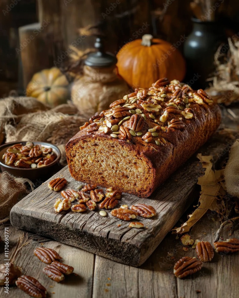 Fototapeta premium Delicious pecan-topped pumpkin bread resting on a rustic wooden board with autumn decorations.