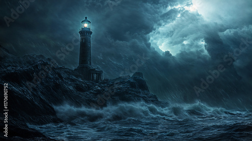 The image depicts a lighthouse standing on rocky cliffs during a stormy night, with dark clouds and choppy waves crashing against the rocks