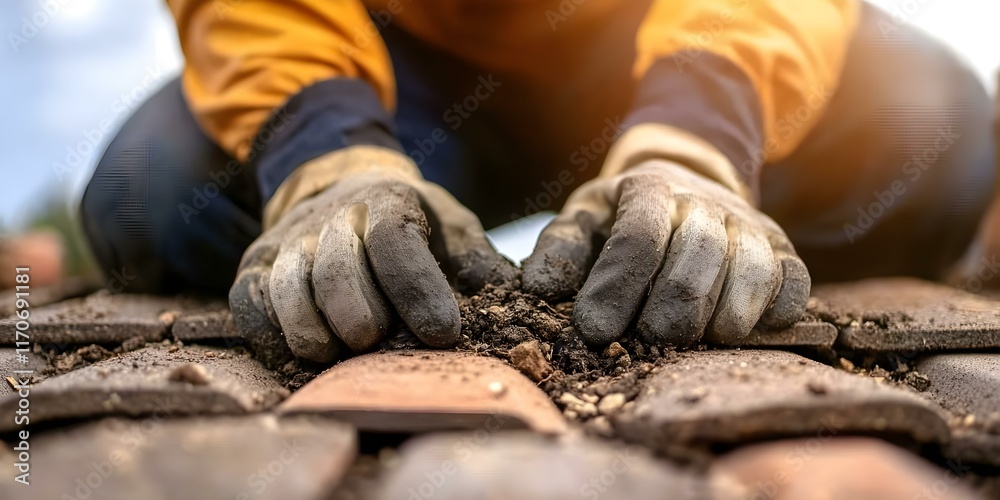 A person wearing gloves is working on laying or repairing paving stones, with dirt and debris around their hands. Concept Paving Stone Installation, DIY Landscaping, Working with Tools A person wearing gloves is working on laying or repairing paving stones, with dirt and debris around their hands. Concept Paving Stone Installation, DIY Landscaping, Working with Tools