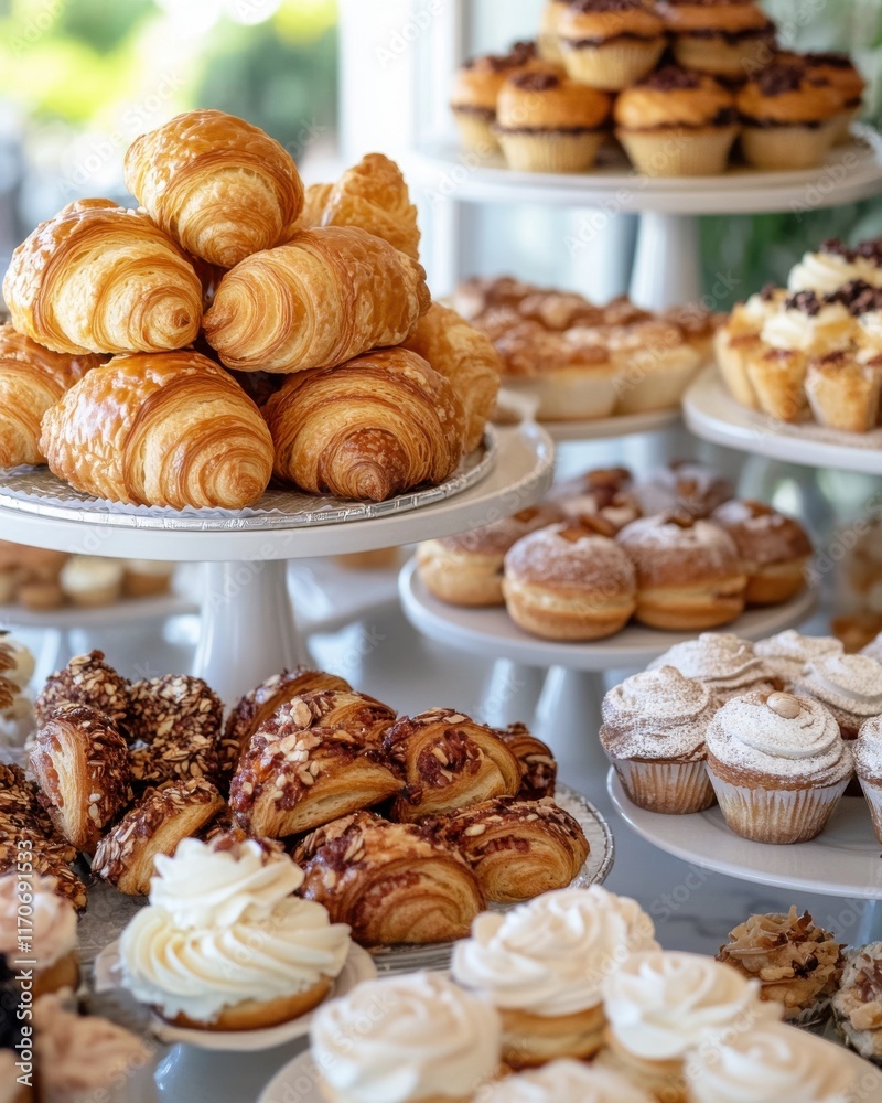 A delightful assortment of pastries and cupcakes displayed in a bright bakery setting. A delightful assortment of pastries and cupcakes displayed in a bright bakery setting.