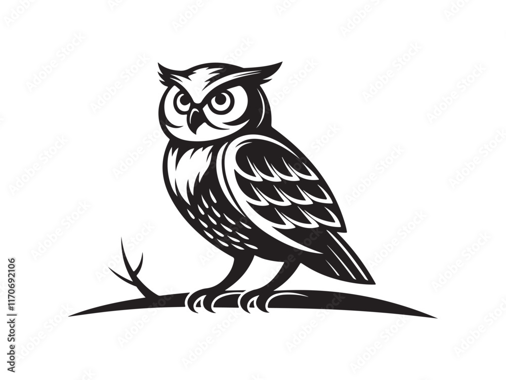 Fototapeta premium Elegant black and white vector illustration of a wise owl perched on a branch - perfect for educational, nature, and wildlife themes in graphic design and art projects