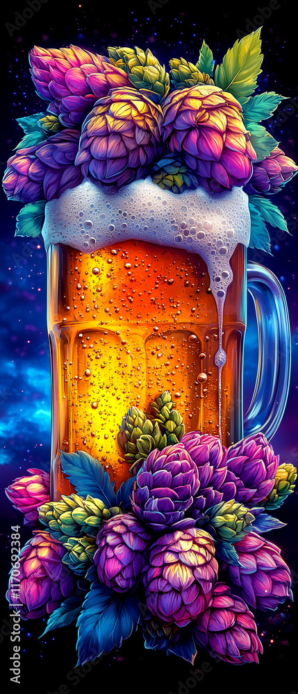 Fototapeta premium A colorful beer mug with purple flowers on top. The mug is filled with beer, and it looks like a fun and festive drink to enjoy. The flowers and the beer create a playful and cheerful atmosphere