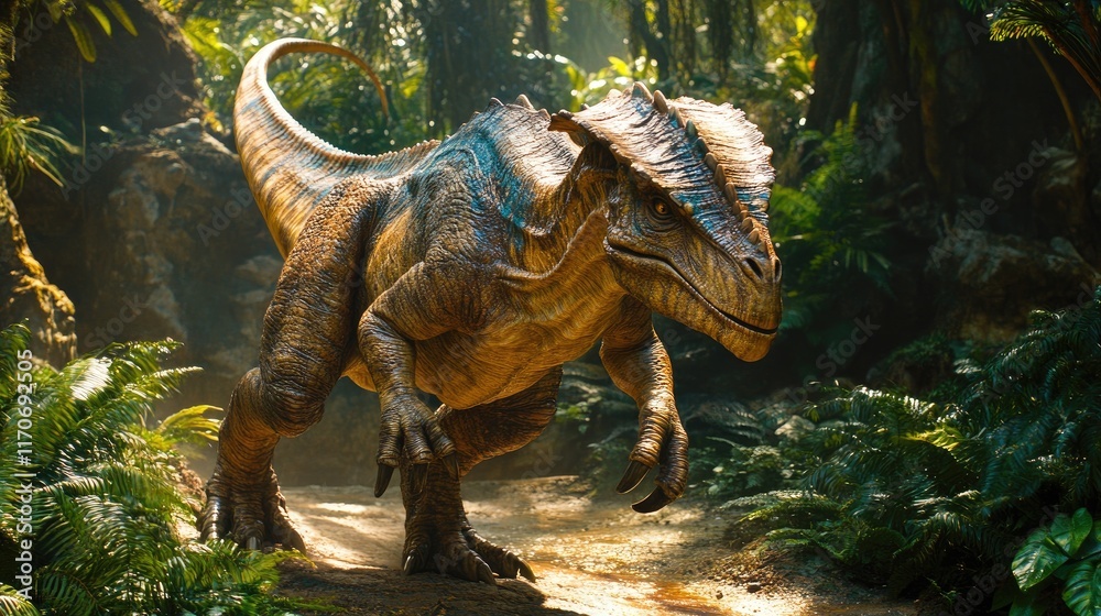 Obraz premium A realistic dinosaur in a lush, prehistoric jungle setting.