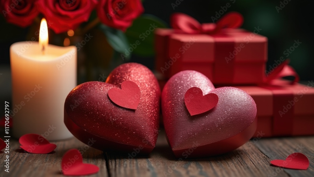 Two glitter hearts, a flickering candle, red roses, and gift boxes on a wooden surface, arranged in a warm and romantic ambiance, rendered in 8K, generative, ai Two glitter hearts, a flickering candle, red roses, and gift boxes on a wooden surface, arranged in a warm and romantic ambiance, rendered in 8K, generative, ai