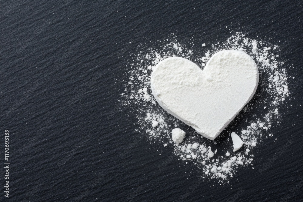Obraz premium Heart-Shaped Baking Powder on Dark Slate Surface - Symbolizing Love, Creativity, and Culinary Art in Modern Food Photography