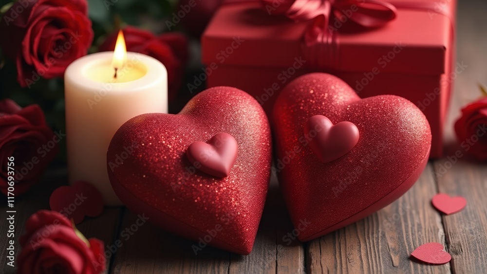 Glittering red hearts in the foreground, with a white candle, roses, and red gift boxes creating a warm and romantic scene on rustic wood in 8K, generative, ai Glittering red hearts in the foreground, with a white candle, roses, and red gift boxes creating a warm and romantic scene on rustic wood in 8K, generative, ai