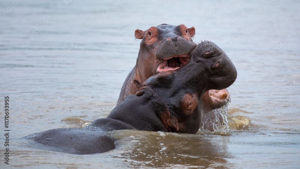 Hippos fighting in the water in Santa Lucia in South Africa Hippos fighting in the water in Santa Lucia in South Africa