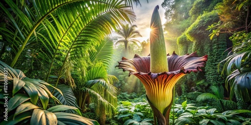 Rare Giant Blooming Amorphophallus Titanum in Jungle - Close Up of Titan Arum Flower with Low Light Photography, Exotic Flora, Unique Botanical Beauty, Nature's Wonder, Rare Plant Species photo