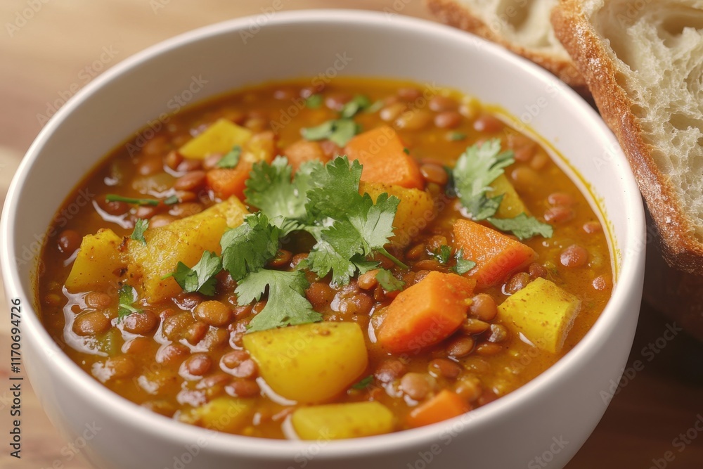 Delicious lentil soup filled with vegetables, garnished with fresh cilantro, served with crusty bread.