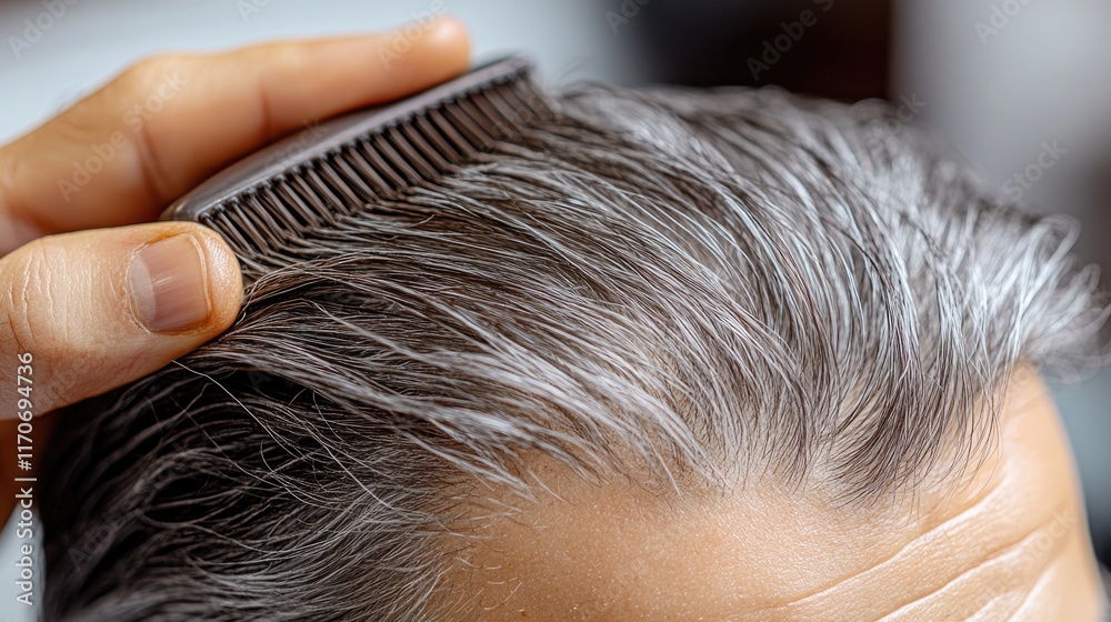 Obraz premium Mature caucasian man brushing gray hair close-up