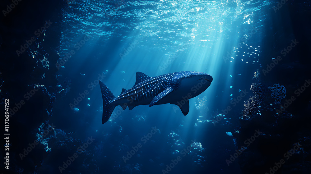 Obraz premium A magnificent giant whale shark, the largest fish on the planet, swims in the blue water column