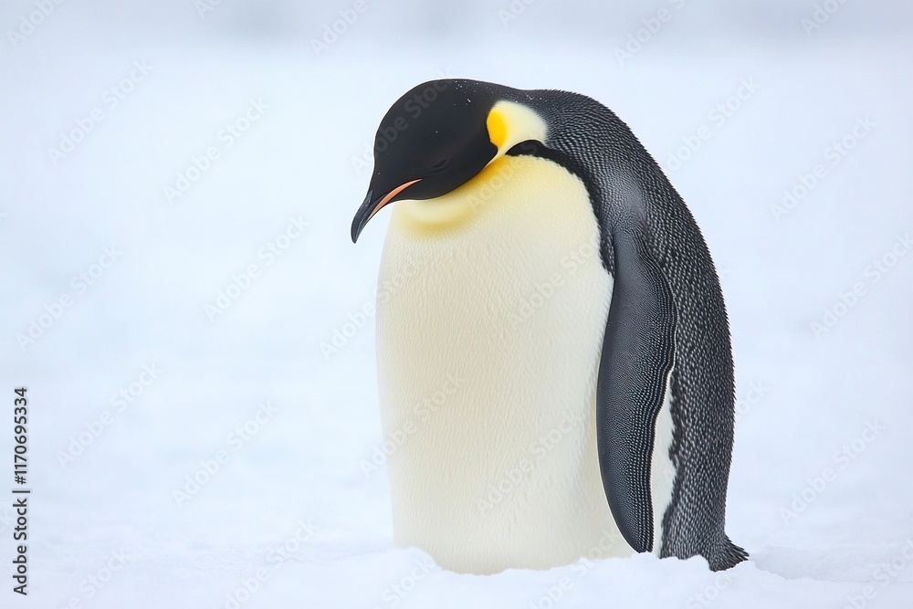 Obraz premium Close-up of an adult emperor penguin, standing in the snow.