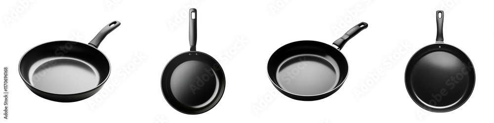 Set of Modern Non-Stick Black Frying Pan with Ergonomic Handle on Transparent Background Set of Modern Non-Stick Black Frying Pan with Ergonomic Handle on Transparent Background