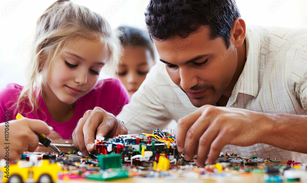 Father and daughters attentively building and assembling electronic components together, fostering teamwork and learning. Father and daughters attentively building and assembling electronic components together, fostering teamwork and learning.