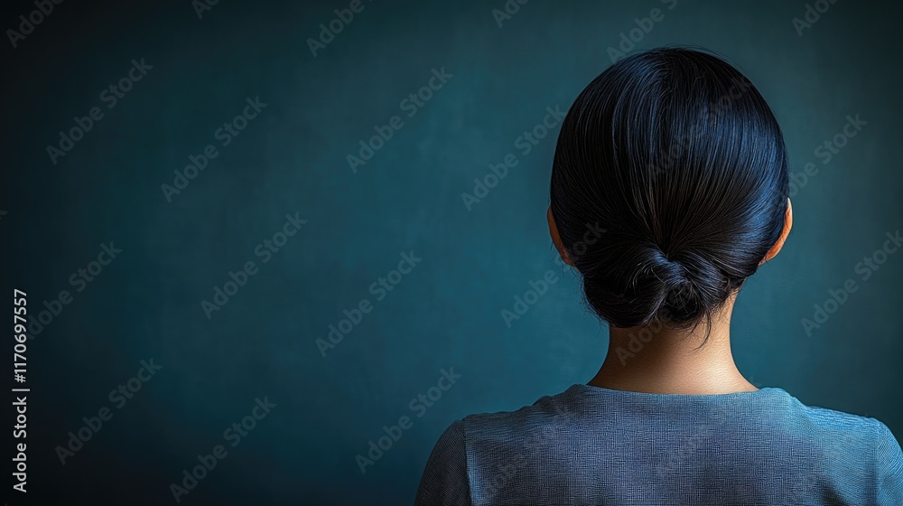 Fototapeta premium Rear view of young asian woman with hair bun against dark background