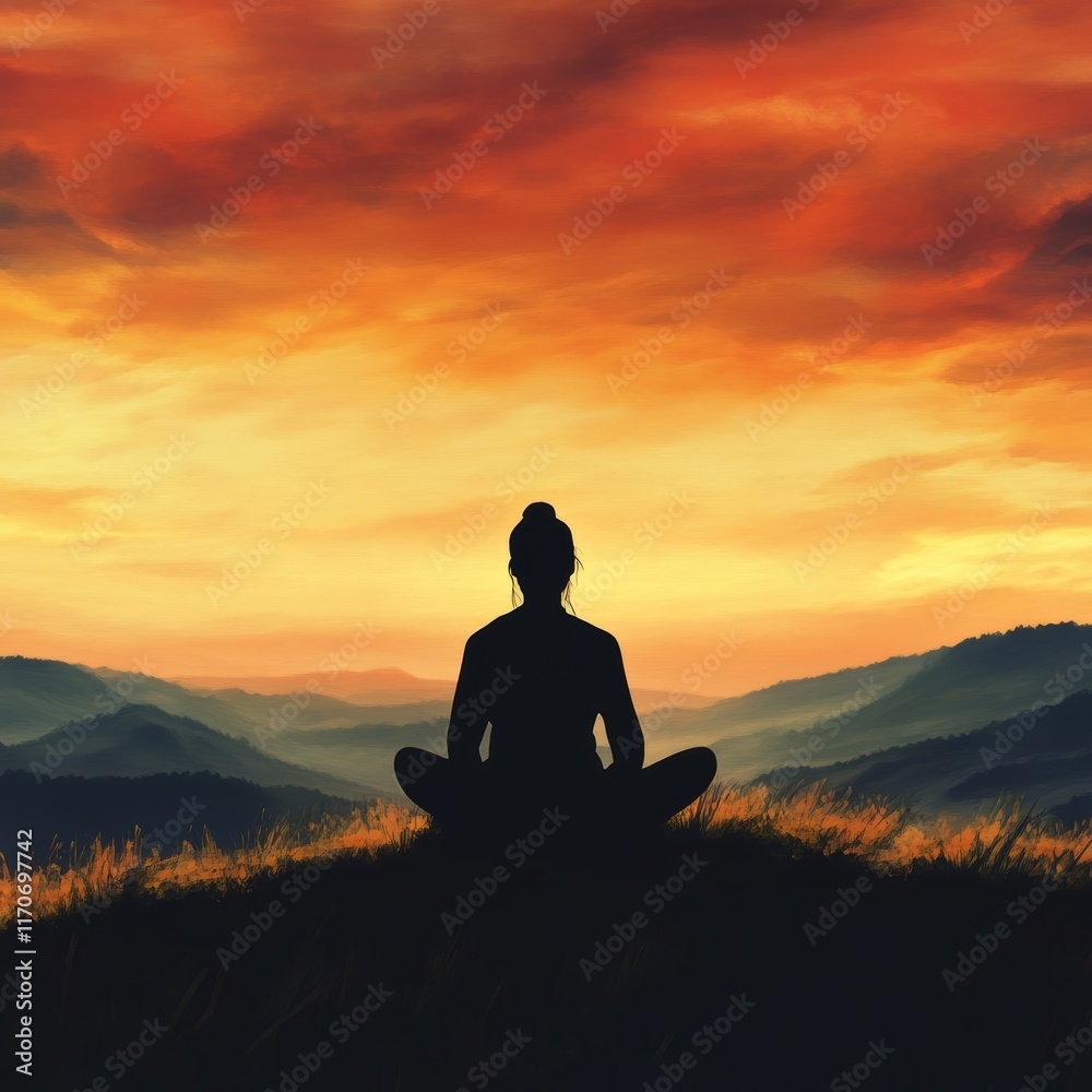 Serene Silhouette of a Person Meditating on a Hilltop at Sunset with Vibrant Orange and Red Sky.. Serene Silhouette of a Person Meditating on a Hilltop at Sunset with Vibrant Orange and Red Sky..