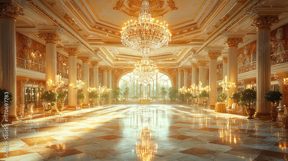 Fototapeta premium Opulent palace ballroom interior with chandeliers, gold accents, and marble floor.