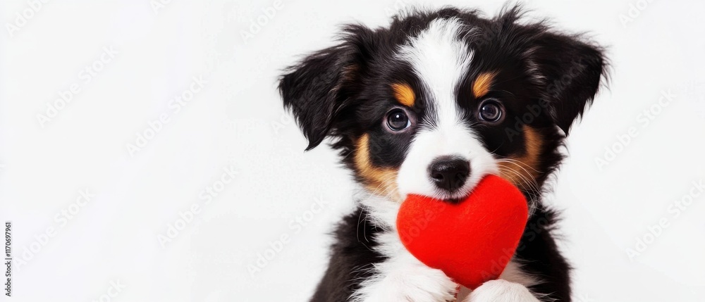 Obraz premium Adorable Puppy Holding Red Heart, Valentines Day Dog, Pet Love