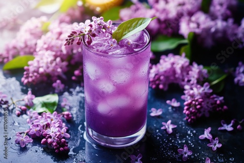A refreshing purple drink garnished with a lilac blossom, surrounded by vibrant purple flowers.