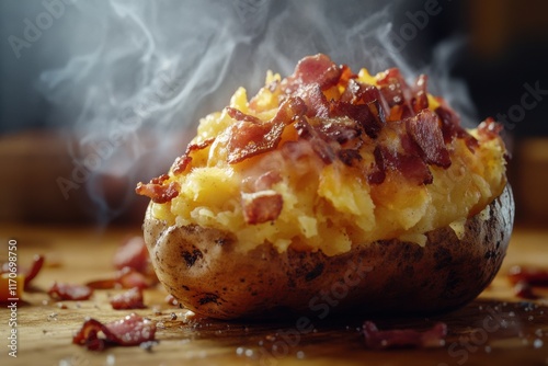 Delicious half-baked potato topped with crispy bacon, emitting steam in a cozy kitchen setting. photo