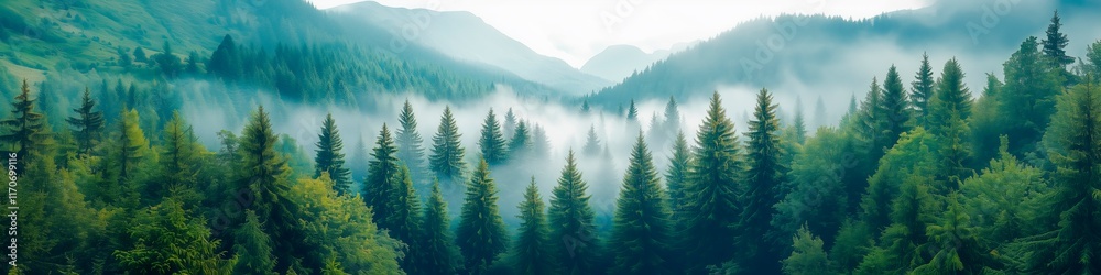 Fototapeta premium Serene mountain landscape shrouded in a mystical fog, hiking tourism advertising, adventure tour advertisement
