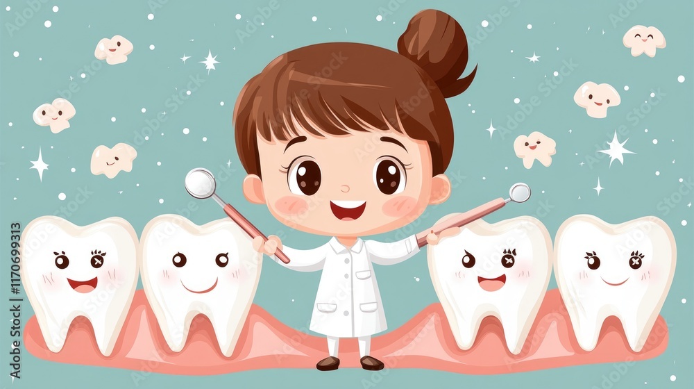 Cartoon dentist girl with happy teeth and dental tools in a whimsical setting Cartoon dentist girl with happy teeth and dental tools in a whimsical setting