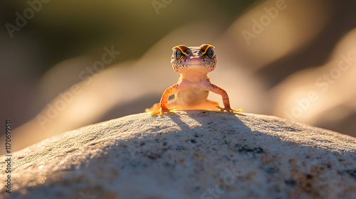 A mauritanian gecko, tarentola mauritanica, poised on a stone surface in its natural habitat, captured in a close-up photograph. photo