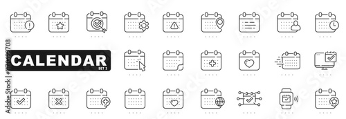 Set of calendar related line icons. Date, event, day etc. Editable stroke. Set 3