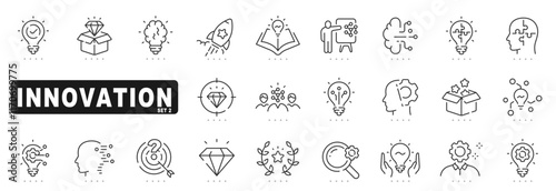 Set of innovation related line icons. Creativity, idea, invention etc. Editable stroke. Set 2