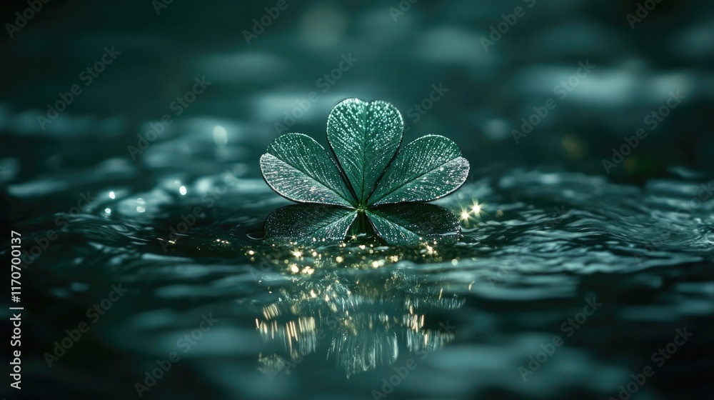 Glittering four-leaf clover floating on shimmering water surface. Happy St. Patrick's Day Glittering four-leaf clover floating on shimmering water surface. Happy St. Patrick's Day