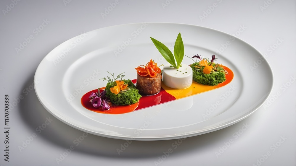 Elegant Tri-Color Culinary Art: Modern Dish with Vibrant Sauces Elegant Tri-Color Culinary Art: Modern Dish with Vibrant Sauces