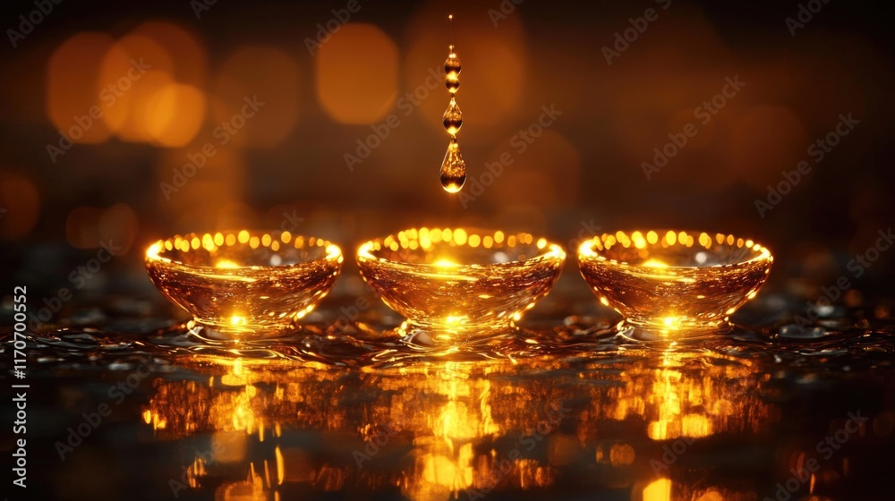 Golden liquid droplet falling into three illuminated bowls with reflective surface Golden liquid droplet falling into three illuminated bowls with reflective surface