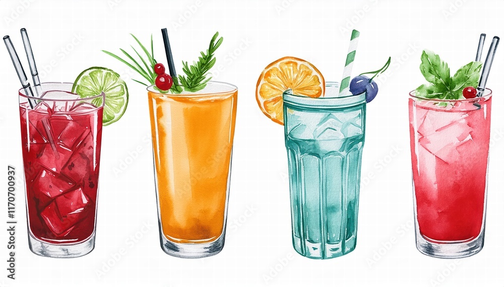 A Vibrant Watercolor Cocktail Drinks Set on a Crisp White Background, Perfect for Inspiring Creativity and Celebrating the Art of Mixology in Daily Life and Special Occasions A Vibrant Watercolor Cocktail Drinks Set on a Crisp White Background, Perfect for Inspiring Creativity and Celebrating the Art of Mixology in Daily Life and Special Occasions