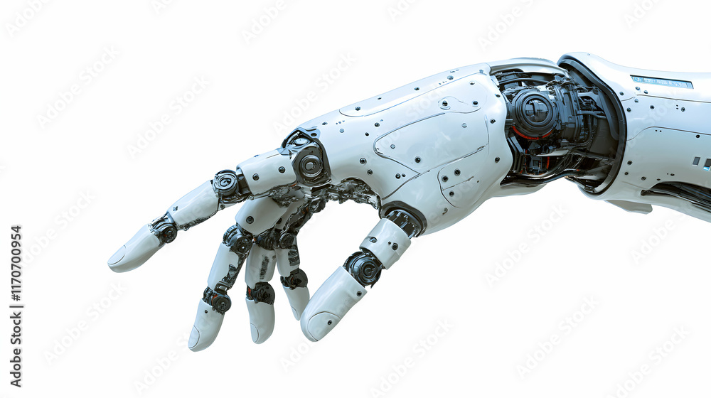 Close-up of a futuristic robotic hand gesturing, showcasing intricate mechanical details against a clean white background. Ideal for technology, AI, and robotics concepts. Close-up of a futuristic robotic hand gesturing, showcasing intricate mechanical details against a clean white background. Ideal for technology, AI, and robotics concepts.