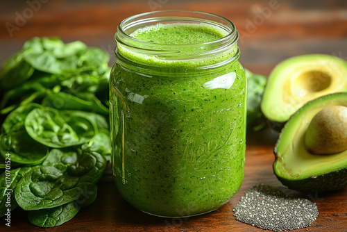Green smoothie in a jar with spinach, avocado, and chia seeds.
