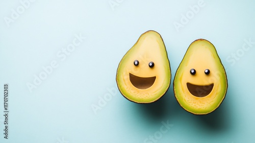 Two avocado halves with happy faces on a light teal background. photo