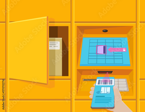 Picking up a package from a package locker with the barcode presented on a smartphone (flat design)