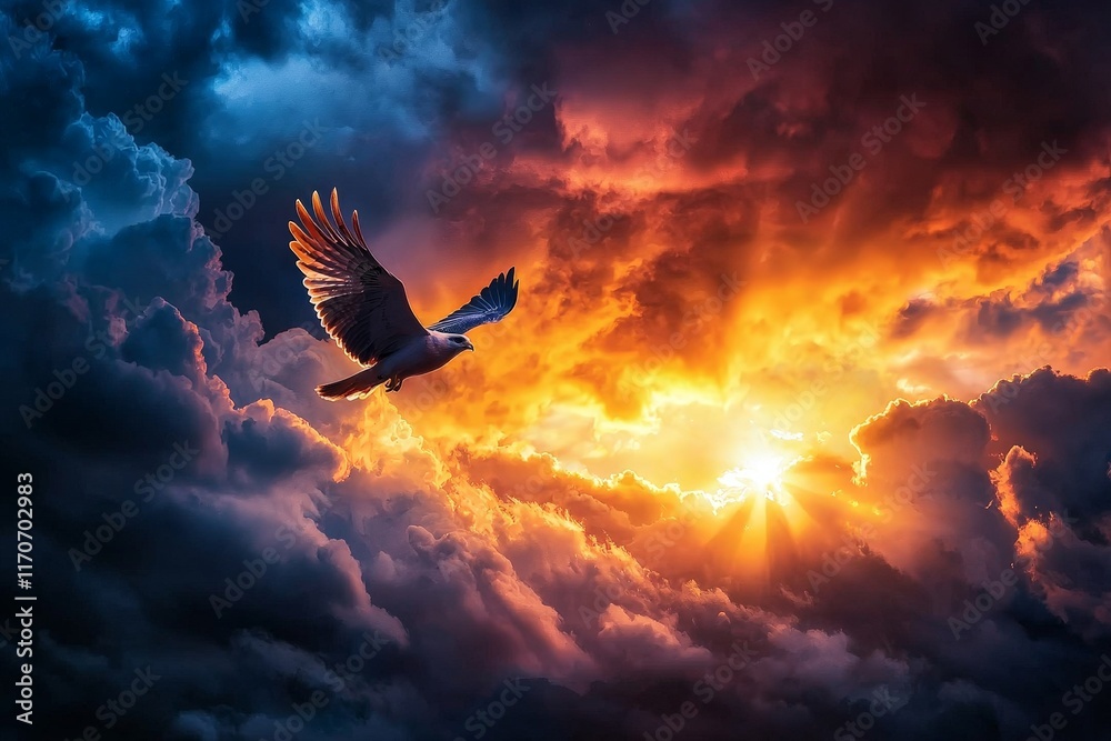 Fototapeta premium A Majestic Falcon Soars Through Dramatic Storm Clouds as Golden Sunlight Breaks Through the Thick Shadows of an Approaching Tempest