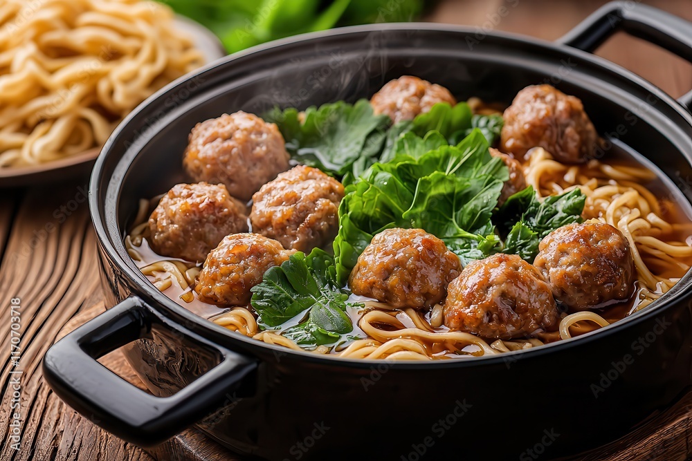 Hotpot is a flavorful food with soup. Delicious meatballs and noodles in a rich broth. Hotpot is a flavorful food with soup. Delicious meatballs and noodles in a rich broth.