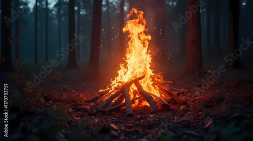 Beautiful flame in the forest with sparks and flickering