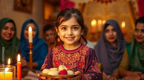 Little girl smiling brightly holding a plate of traditional sweets during festive Eid celebration at home photo