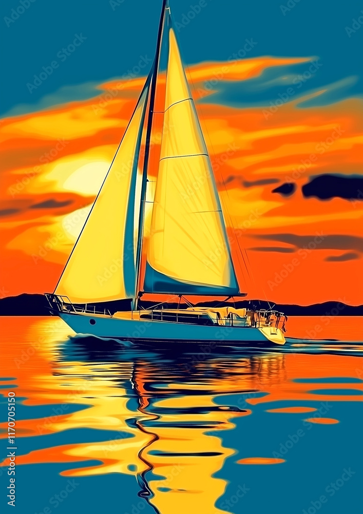 Fototapeta premium A sailboat is sailing on a calm lake at sunset. The sky is orange and the water is blue