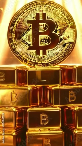 Bitcoin Coin Symbol Amid a Mountain of Gold Representing the Rise of Digital Gold new beautiful stock 9x16 vertical video footage animation AI photo