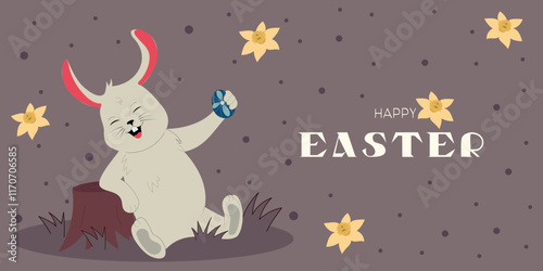 Easter banner with happy bunny. Hand drawn flat cartoon rabbit with egg. Holiday vector illustration