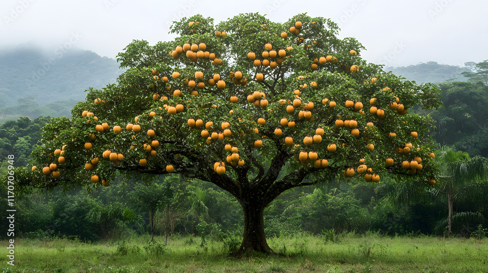 A pequi tree with many ripe fruits. A tree endemic to the central region of Brazil, pequi is a highly prized fruit in traditional Brazilian cuisine A pequi tree with many ripe fruits. A tree endemic to the central region of Brazil, pequi is a highly prized fruit in traditional Brazilian cuisine