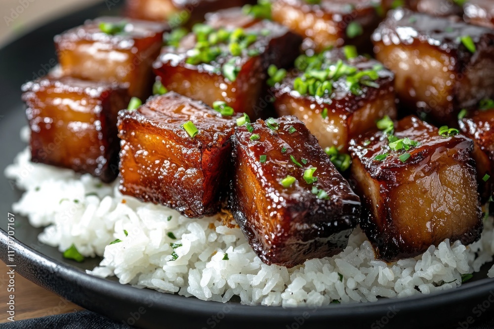 Delicious glazed pork belly cubes served over fluffy white rice, garnished with fresh chives. Delicious glazed pork belly cubes served over fluffy white rice, garnished with fresh chives.