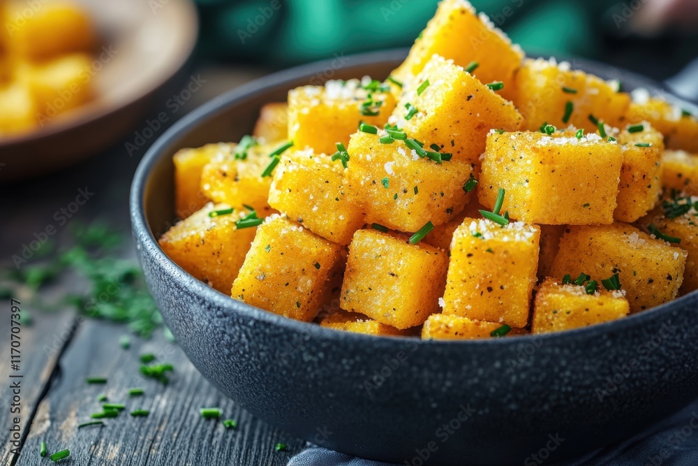 Delicious golden polenta cubes garnished with fresh chives. Delicious golden polenta cubes garnished with fresh chives.