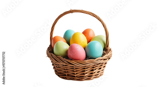 Colorful Easter Eggs in Basket Isolated on Transparent Background PNG.