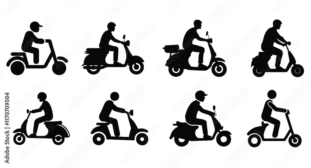 Naklejka premium A set of man is riding a scooter delivery icon silhouett
